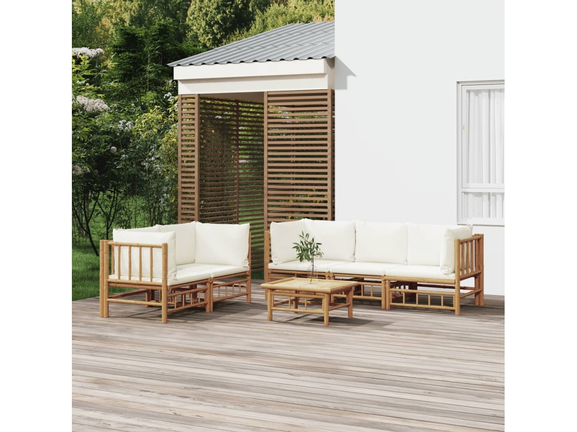 Conjunto de jardín de bambú de 6 piezas con cojines en blanco crema, Dkd Home Decor