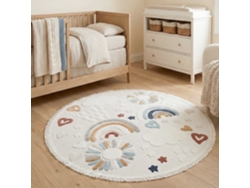 Rugura - Alfombra Infantil Redonda 160cm Habitación Niña Niño Con Nubes, Estrellas, Arcoiris, Animales Y Montañas