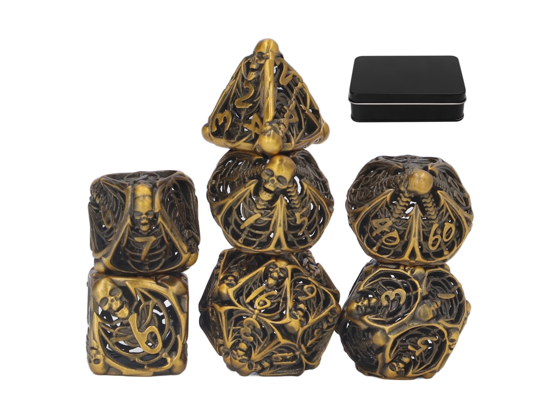 Set De 7 Dados Metálicos Huecos Con Diseño De Calavera Poliédricos Exquisitos Para Juegos De Mesa Y Cartas Oro Antiguo