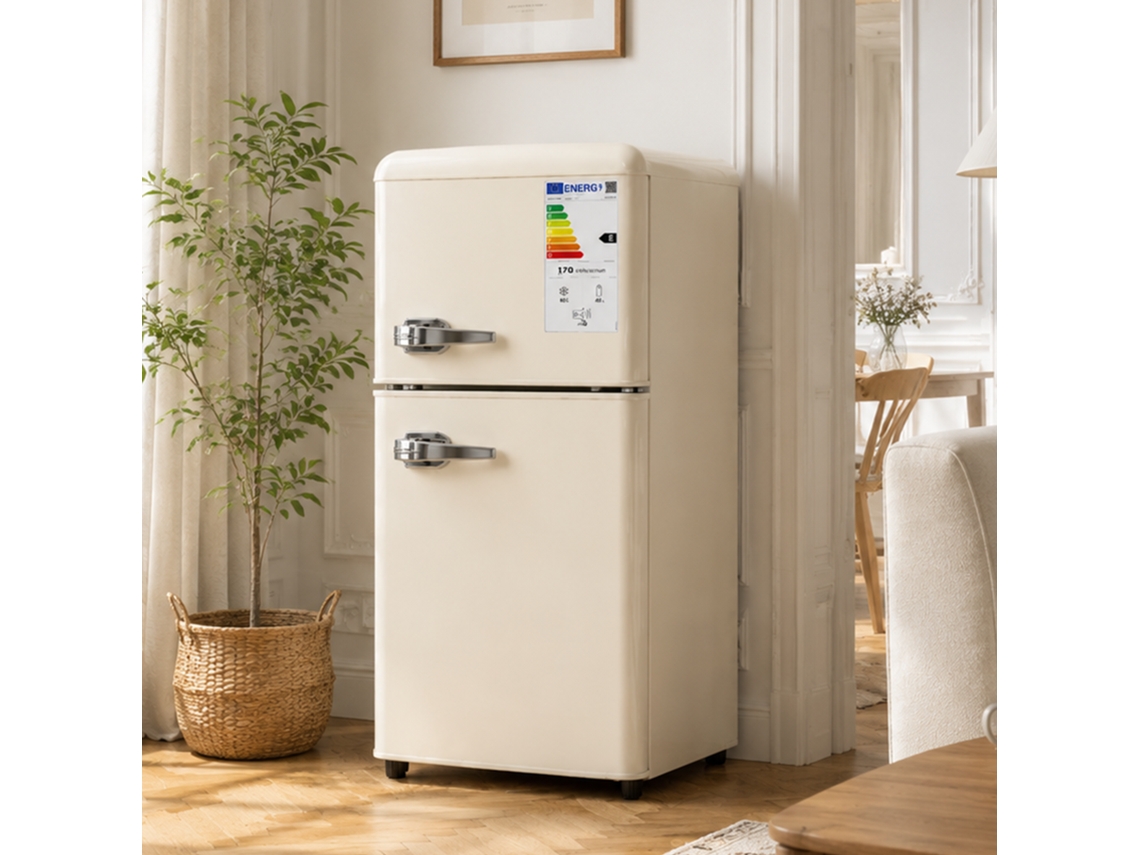 Refrigerador de dos puertas de 86 L (56 L + 30 L) con 7 niveles de control de eficiencia energética e iluminación LED color crema - VOLTEDGE