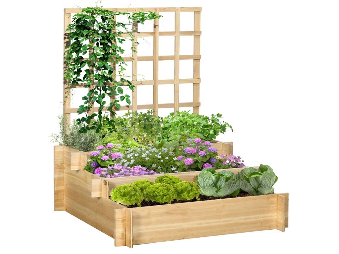 Macetero elevado de tres niveles con enrejado, estructura de madera ideal para plantas trepadoras, hortalizas y flores.