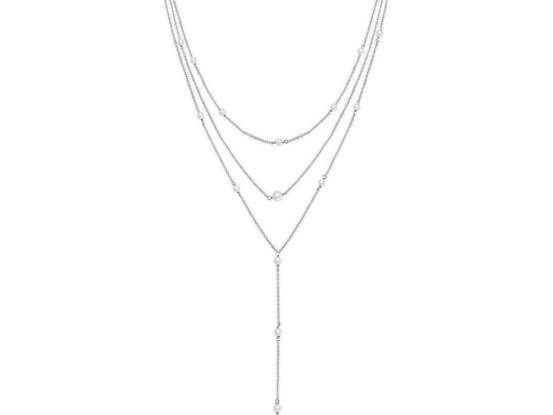 Collar De Plata Ley 925 De Tres Capas Con Extensor Para Mujer Estilo Geométrico Opo Perla Multicapa