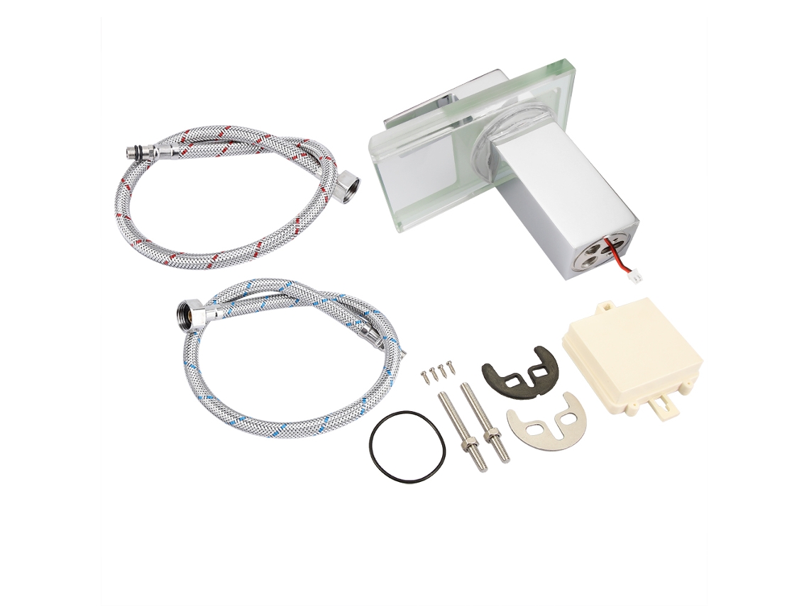 Mezclador de lavabo cromado, mezclador de agua caliente y fría con LED, boca ancha, cascada, grifo de 3/8 o 9/16"