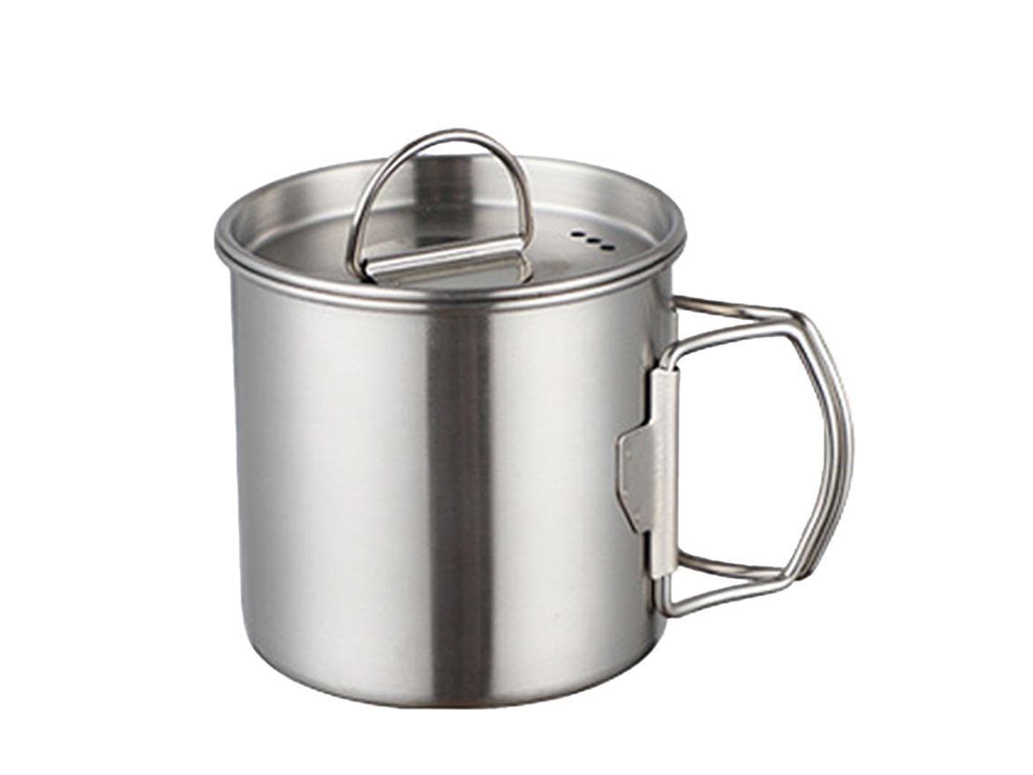 Taza De Camping De Acero Inoxidable Con Tapa Antirrobo Y Asa Plegable Para Senderismo Al Aire Libre.