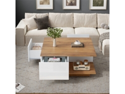 Mesa Centro 70x70x31.5 3 Cajones Geométrica Alto Brillo Blanco Madera Salón Pequeño