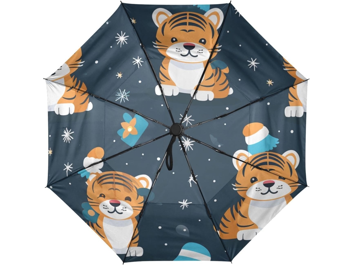 Paraguas automático de viaje con un bonito estampado de tigre, tejido resistente, ideal para vacaciones.