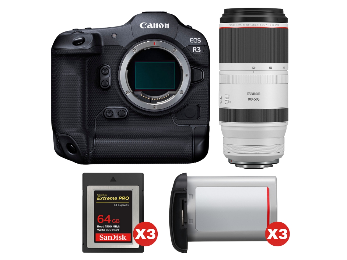 Canon Eos R3 + Rf 100-500mm F/4.5-7.1 L Is Usm + 3 Sandisk 64gb Extreme Pro Cfexpress Type B + 3 Canon Lp-e19 + Ebook Pricedirect