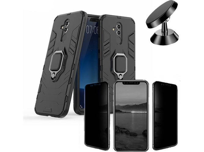 Kit Carcasa, Protector Privacy y Soporte Magnetico Huawei Mate 20 Lite Military Defender Negro