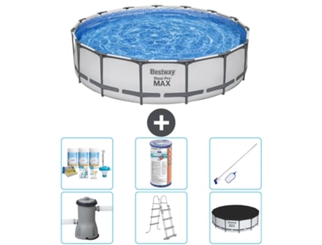 Piscina BESTWAY Round Steel Pro MAX - 457 x 107 cm - Gris - Incluida bomba - Escalera - Cobertor Paquete de mantenimiento - Filtrar - kit de limpieza