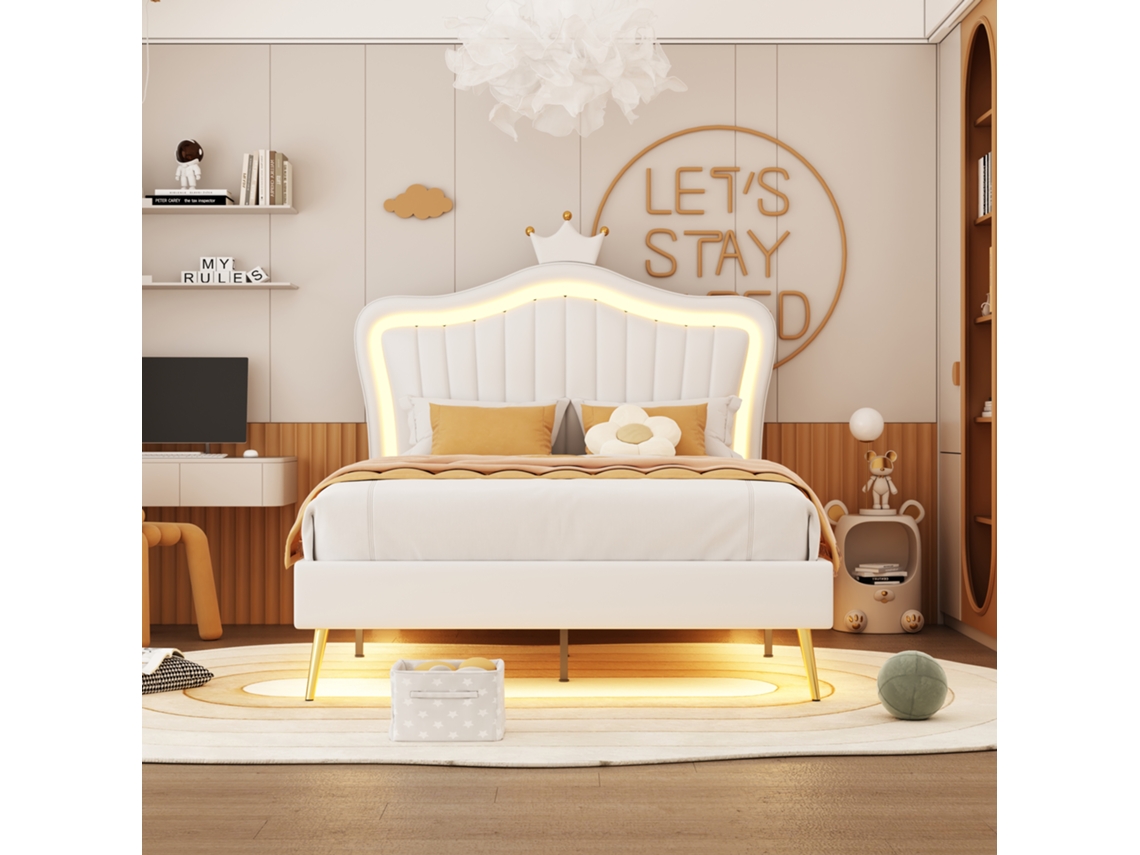 Cama De 90x200 Cm, Diseño Corona, En Poliuretano, Con Iluminación Led De 16 Colores Y Mando A Distancia, Cabecera Ajustable, Color Blanco