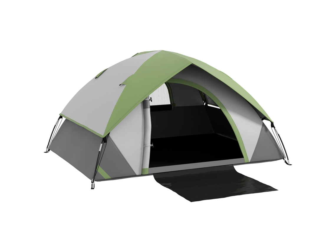 Tienda de campaña tipo iglú para 2 personas, ligera, estable e impermeable, con puerta, ventana y bolsa de transporte. Color gris/verde.
