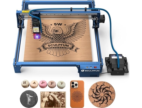 SCULPFUN S30 Grabado láser de 5W con asistencia de aire automática, punto de compresión ultrafino de 0,06*0,06mm, para cuero de madera contrachapad...