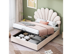 Cama Tapizada En Color Beige De 140x200 Con Cabecero Hidráulico Con Estampado Floral.