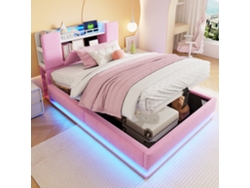 Cama Infantil 90x200 Cm - Con Iluminación Led, Puerto Usb, Almacenamiento Hidráulico, Tapizado De Terciopelo, Estructura Metálica - Rosa