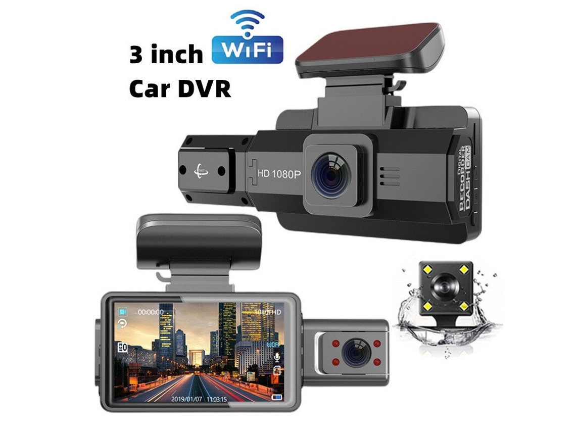 Cámara grabadora de conducción SPQMENT con Wi-Fi 1080p, grabación triple, monitorización de aparcamiento y función de grabación en bucle.