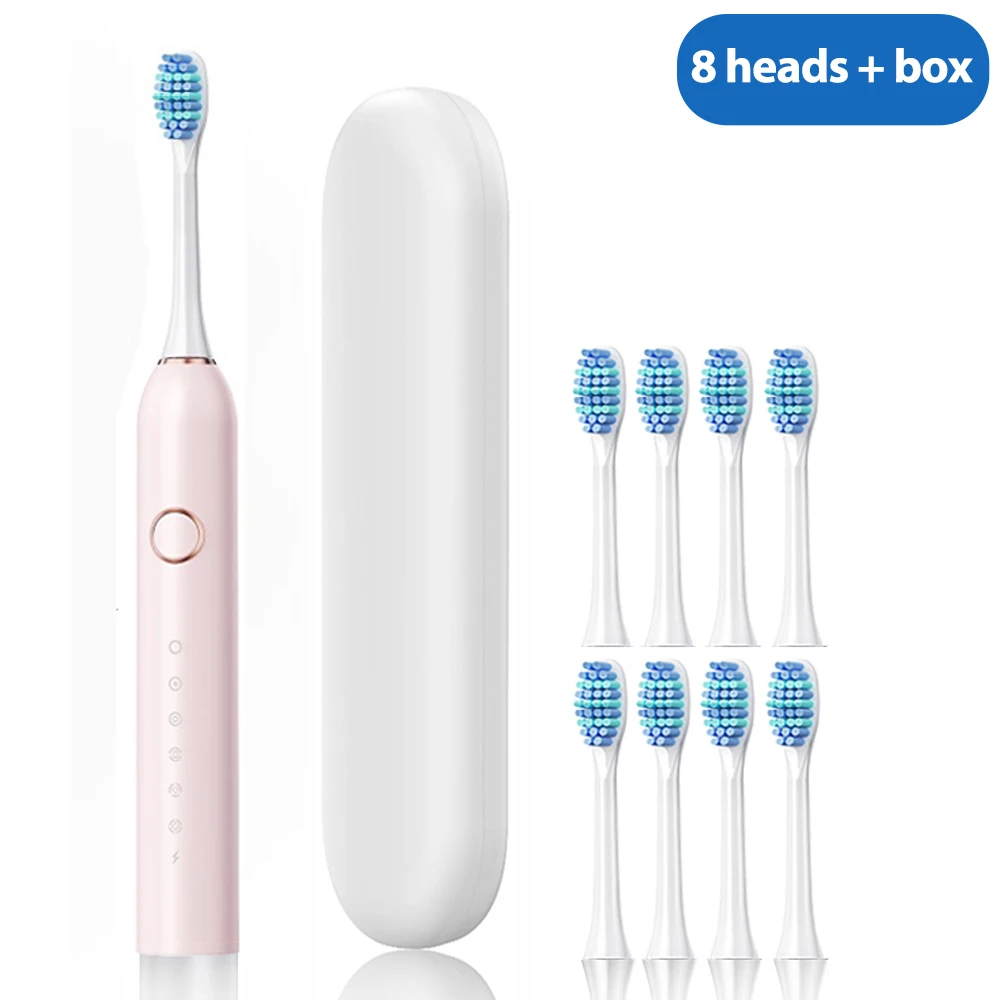 (Caja rosa con 8 diademas de repuesto) Cepillo de dientes eléctrico sónico para adultos, recargable por USB, con temporizador inteligente.