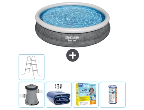 Piscina hinchable redonda Fast Set BESTWAY - Estampado ratán - 366 x 76 cm - Bomba incluida Vela solar - Paquete de mantenimiento - Filtrar - Escal...