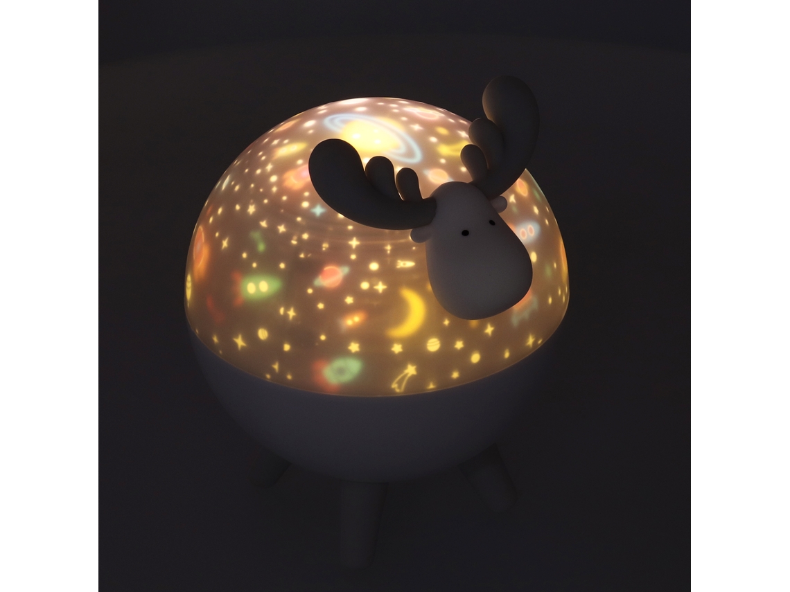 Lámpara de noche infantil con forma de ciervo adorable, proyección de estrellas musicales, de silicona blanca.
