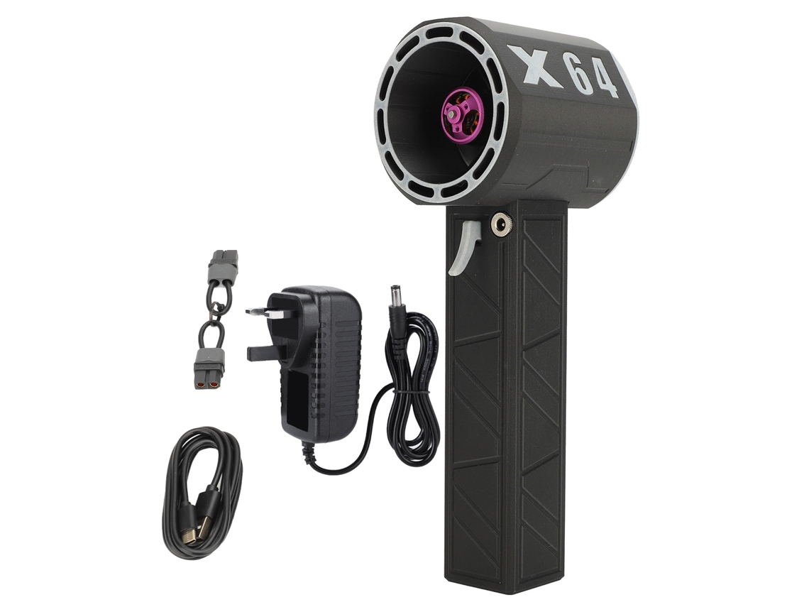 Ventilador eléctrico con turbina de 64 mm y ajuste de velocidad continuo.
