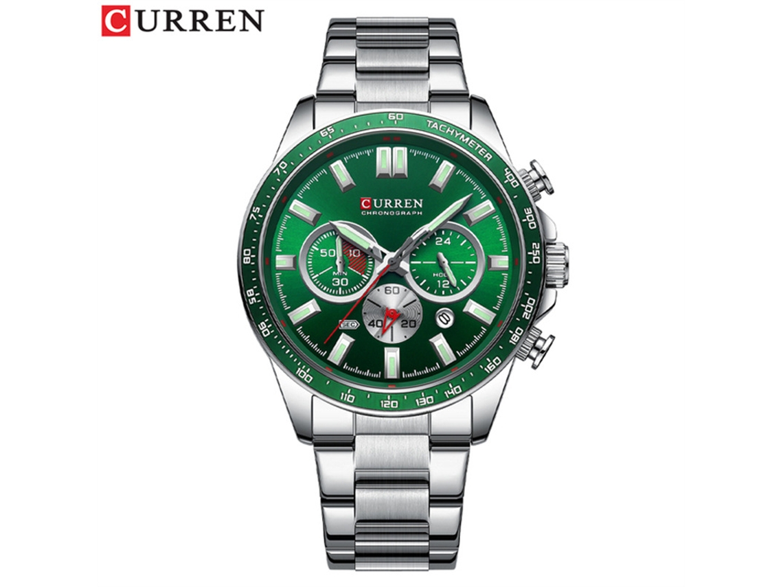 Reloj de pulsera para hombre con brazalete de acero, calendario de cuarzo, cronógrafo de seis puntos y luz nocturna MDUG (plateado y verde)