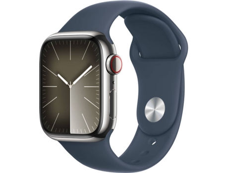 APPLE Watch Series 9 GPS+Cellular 41 mm Acero Inoxidable Plata con Correa Deportiva Azul Tormenta (Talla: S/M)