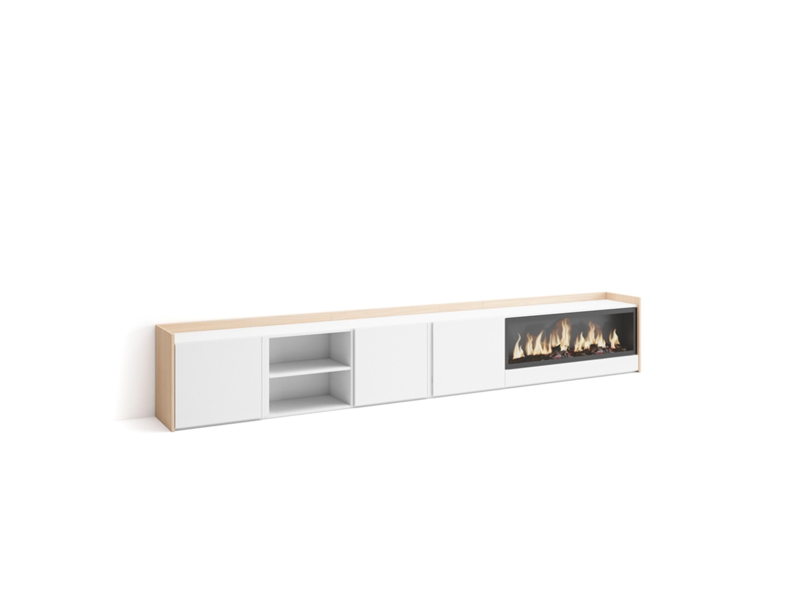 Mueble Tv, Televisión, 315x35x50cm, Para Tv Hasta 80", Chimenea Eléctrica Xxl, Blanco Y Roble Soft