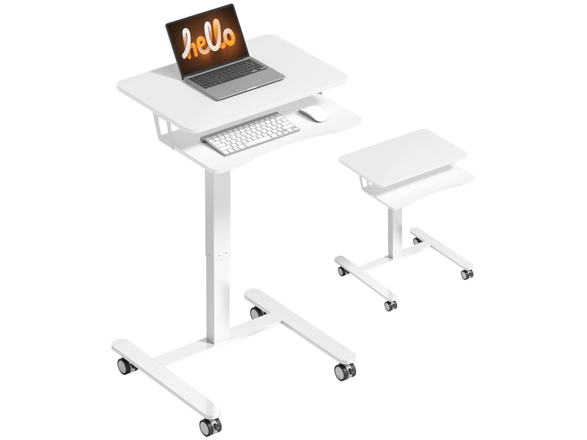 Escritorio Ajustable En Altura Para Trabajar Sentado O De Pie, Escritorio Móvil Con Bandeja Para Teclado, Ruedas Y Estructura De Acero, Blanco.