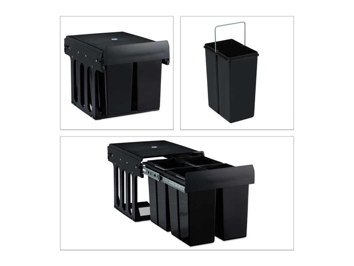 Relaxdays Cubo De Basura 4 Compartimentos, Papelera Cocina Extraíble Bajo Fregadero, 4x 8 L, 35,1 X 34,3 X 48 Cm, Negro