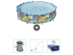 Piscina BESTWAY Round Steel Pro - 305 x 66 cm - Estampado Selva - Incluida Bomba - kit de limpieza - Vela solar