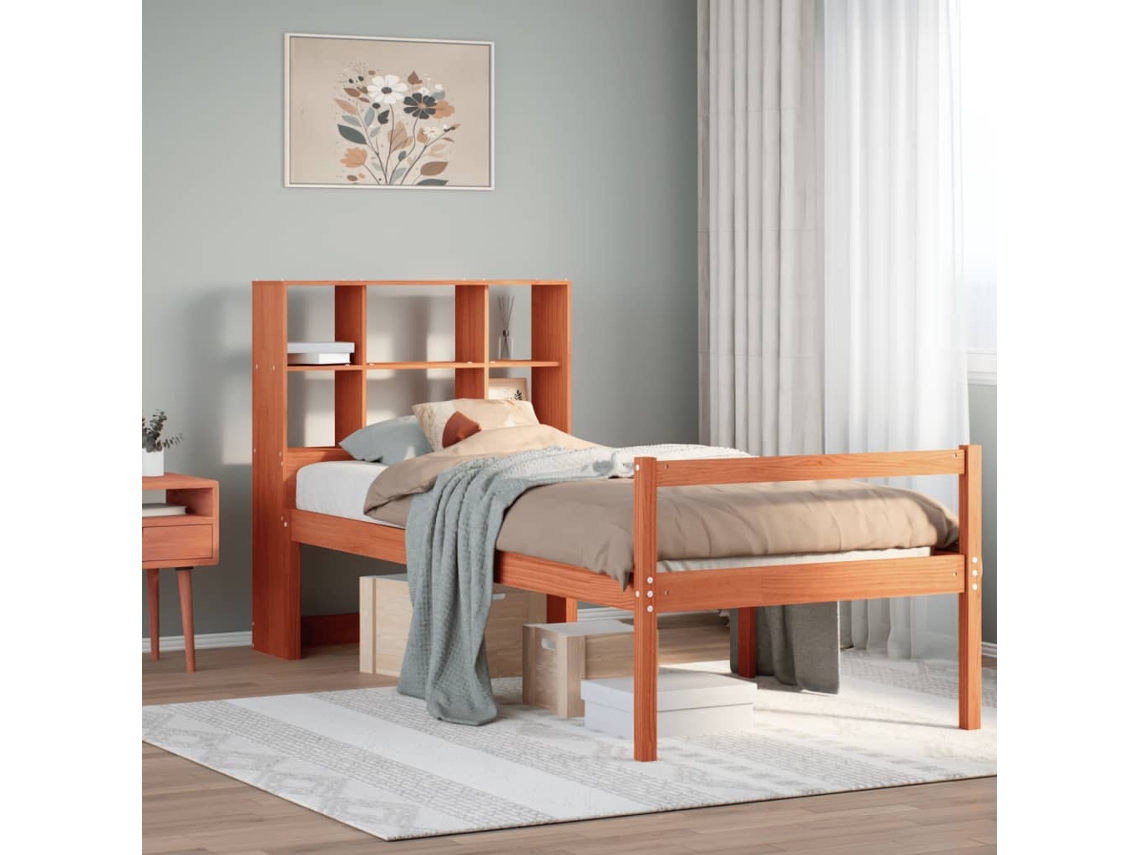 Cama Con Estantería Sin Colchón Madera Maciza Marrón 75x190 Cm