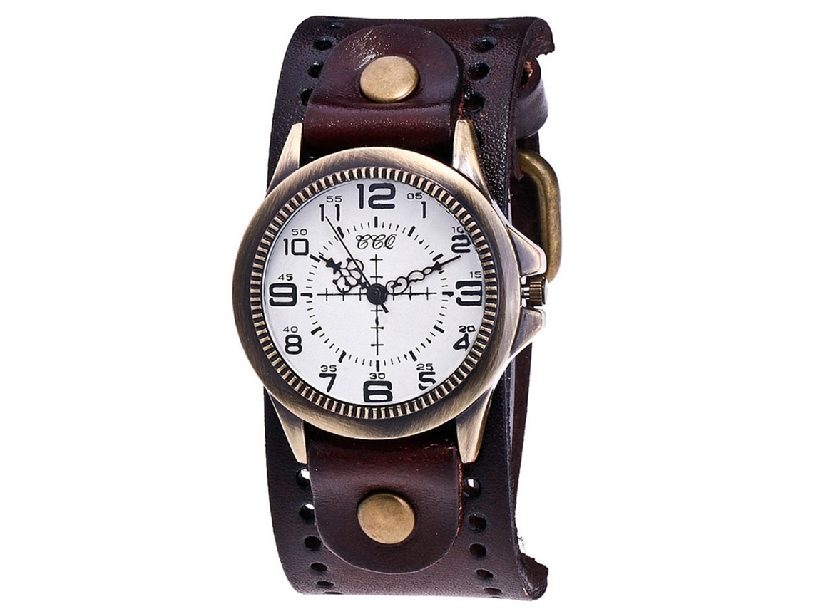 Reloj De Pulsera Ccq Para Hombre/mujer, Estilo Punk Retro, De Metal, Con Correa Y Esfera De Pu Marrón Oscuro.