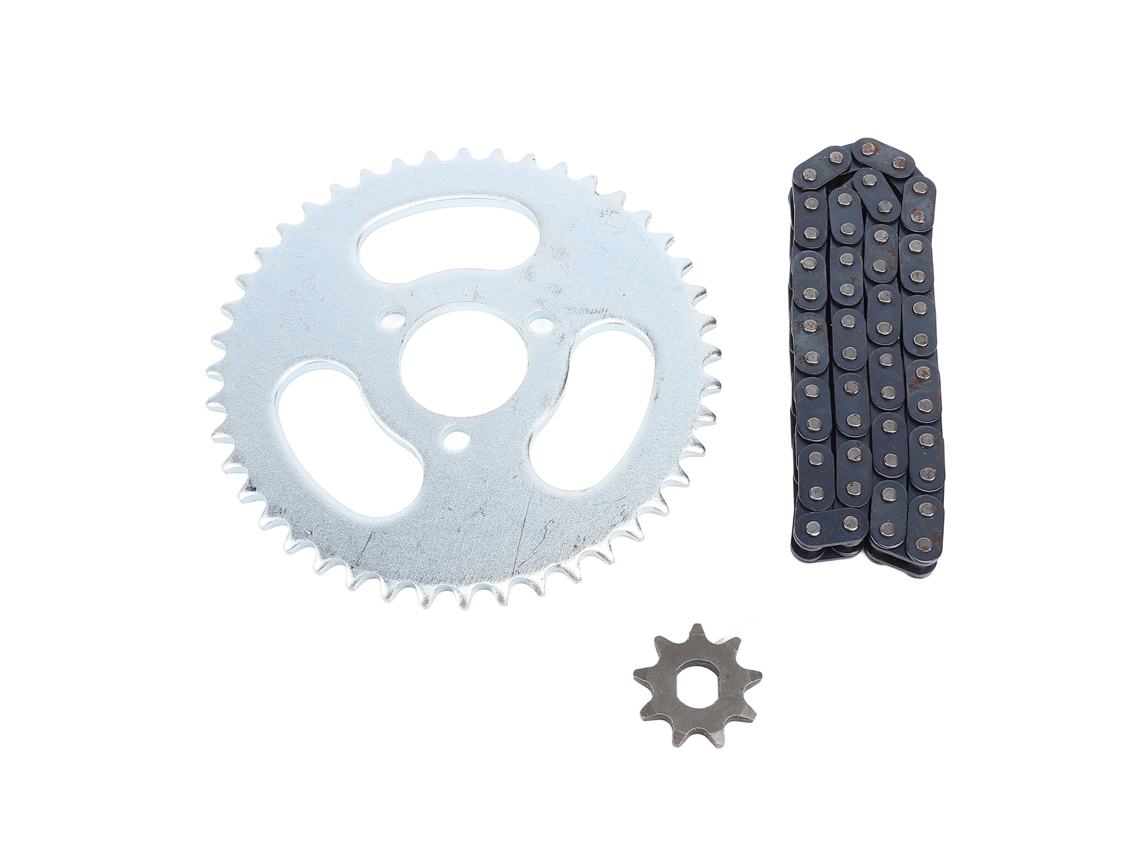 Kit de corrente e pinhão Rebe-kit T8f com 50 elos, pinhão dianteiro de 9 dentes e coroa traseira de 44 dentes com 3 furos para kart e minimotos.