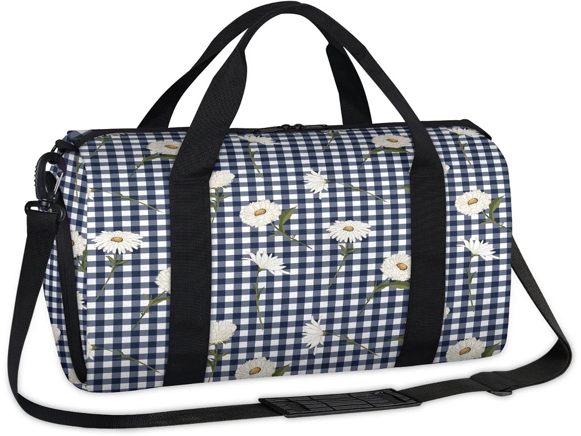 Bolso deportivo TROPICALLIFE blanco con estampado floral a cuadros (45x21x23cm)