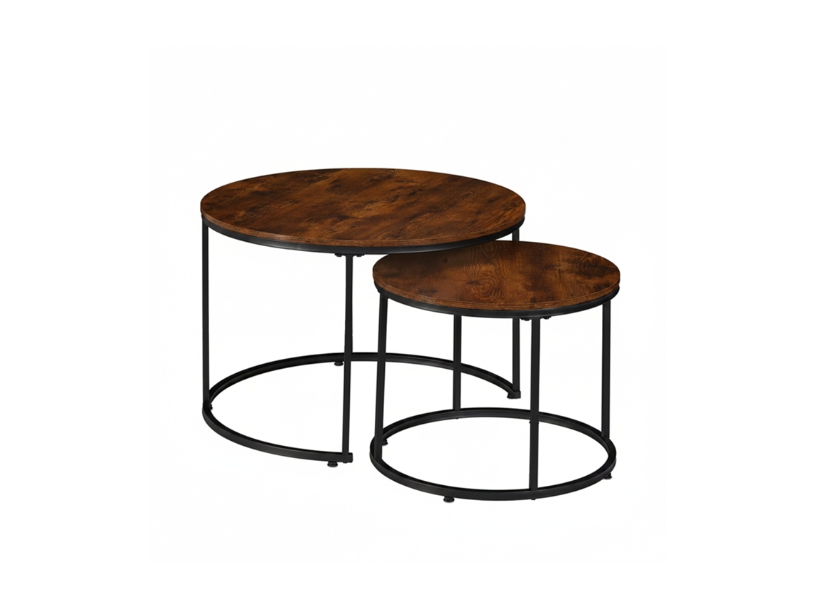 Juego de 2 mesas Relaxdays de madera y metal, diseño industrial, mesas auxiliares redondas para salón, marrón/negro.