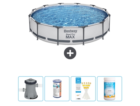 Piscina BESTWAY Round Steel Pro MAX - 366 x 76 cm - Gris - Bomba incluida Filtrar - Tiras de prueba - Cloro