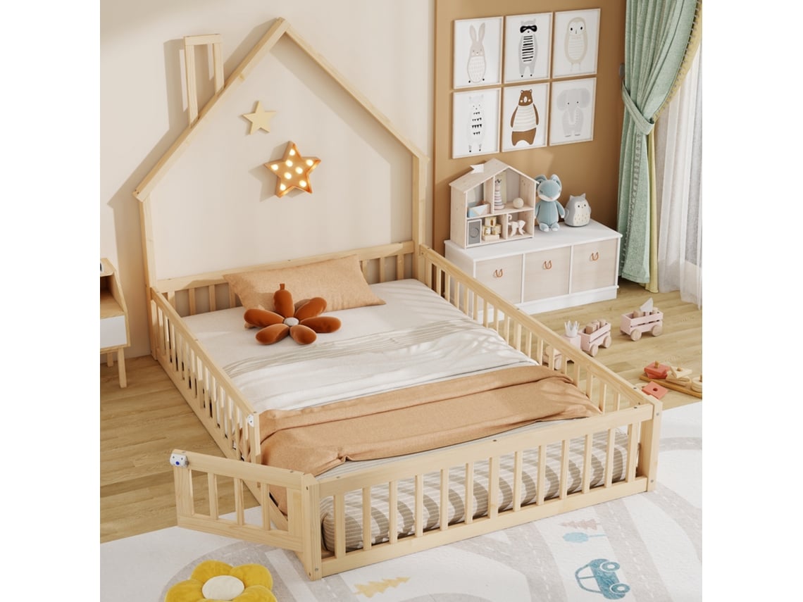 Cama Alta Infantil De 140x190 Cm, De Pino, Con Base De Listones, Estilo Minimalista Natural.