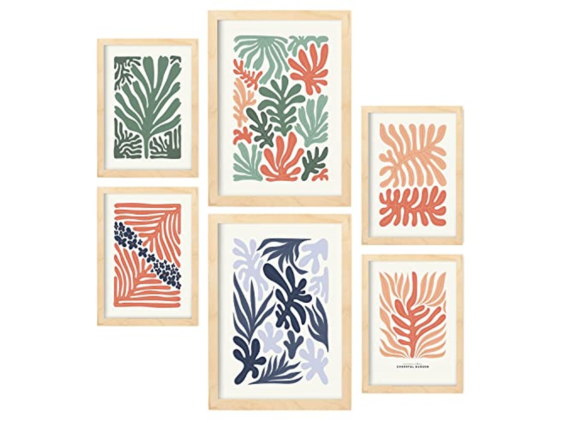NACNIC Set De 6 Posters Minimalismo En Colores Pastel Patrones De Planta Láminas De Paisajes Y Naturaleza Para  Tamaños A3 & A4 Marcos Color Madera