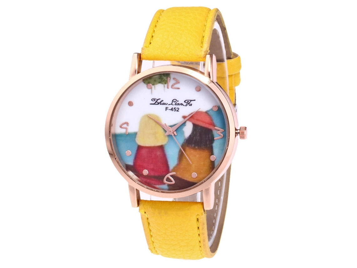 Reloj De Cuarzo De Pareja Con Correa De Cuero Pu Patrón Cartoon Zhoulianfa Amarillo