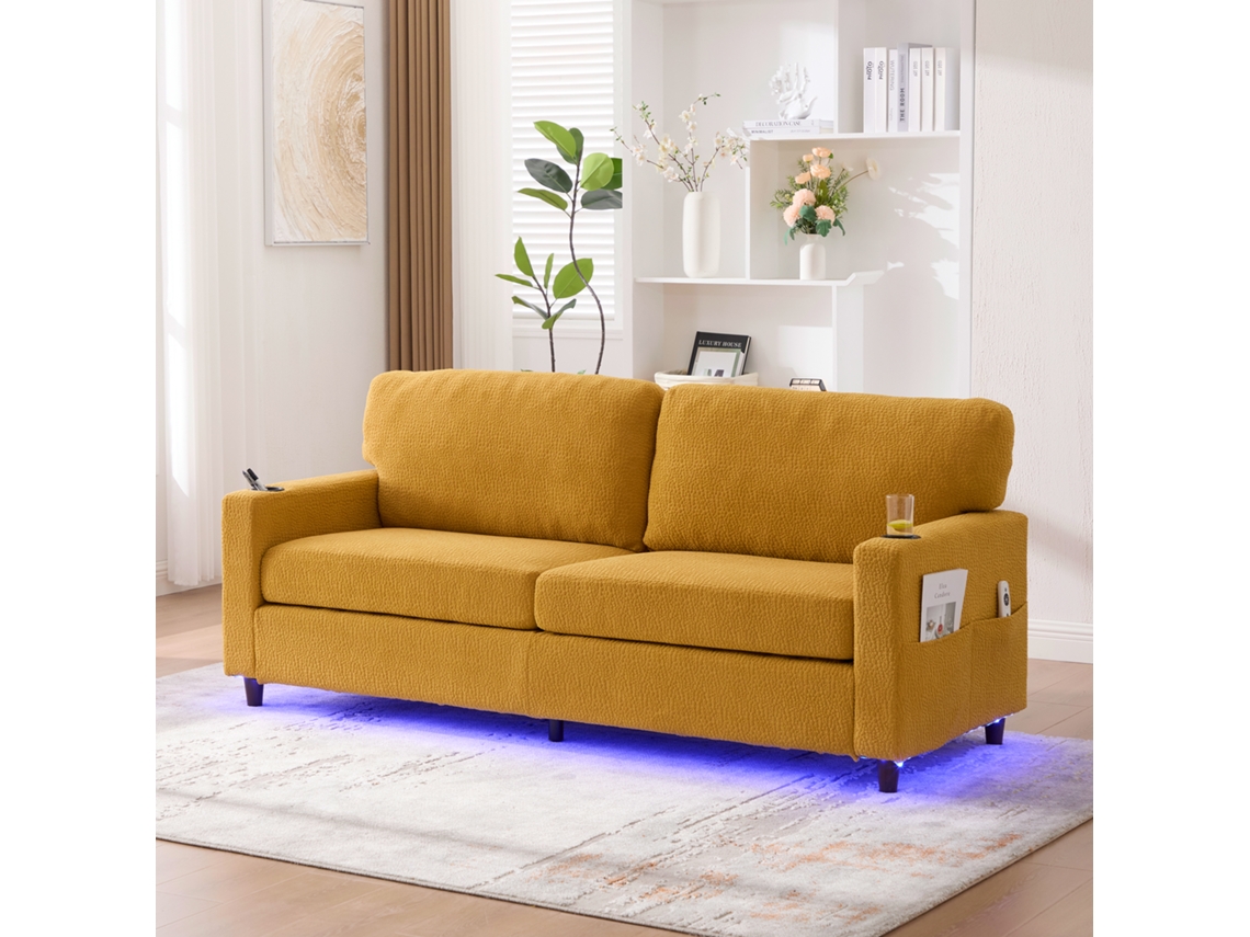 Sofá Chenille 2 Plazas - Usb-c, Iluminación Led, Portavasos, Bolsillos - Amarillo Mostaza
