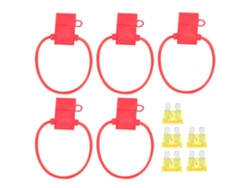 Portafusibles en línea de 5 piezas, tamaño mediano, con 5 fusibles de lámina rojos ATC/ATO de 20 A para automóviles, barcos y vehículos recreativos.