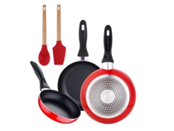 Juego de 3 sartenes Bergner color rojo marino de Ø16ø20ø24 cm con utensilios de cocina