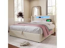 Cama Tapizada 160x200 - Cama Doble Con Función De Carga Usb Tipo C Y Luz Led - Beige