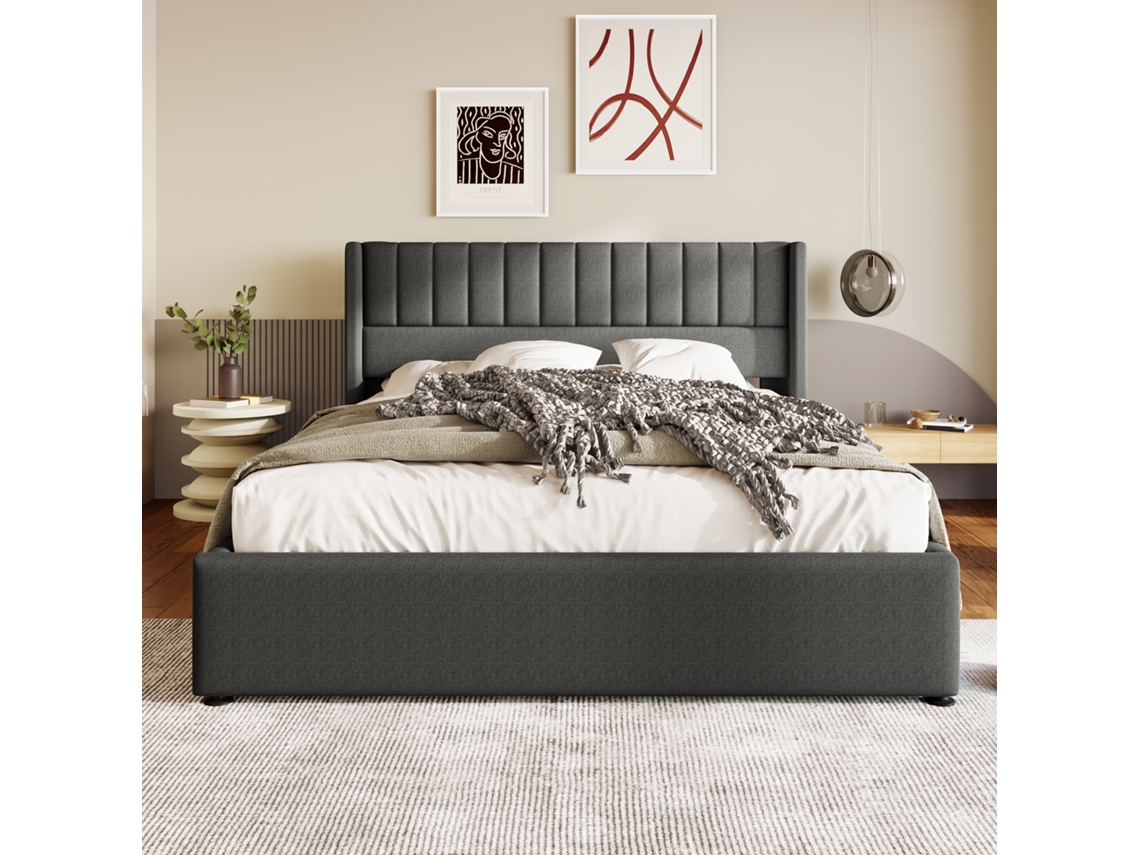 Cama Nórdica De 140x200 Cm En Lino, Con Almacenamiento Hidráulico, Somier De Láminas De Madera Y Metal, Color Gris