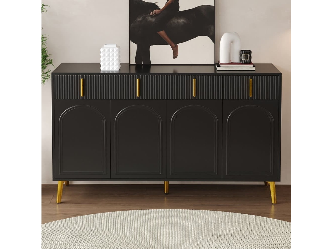 Aparador Moderno - 2 Puertas De Cristal Con 4 Cajones Y Estantes Ajustables - Negro