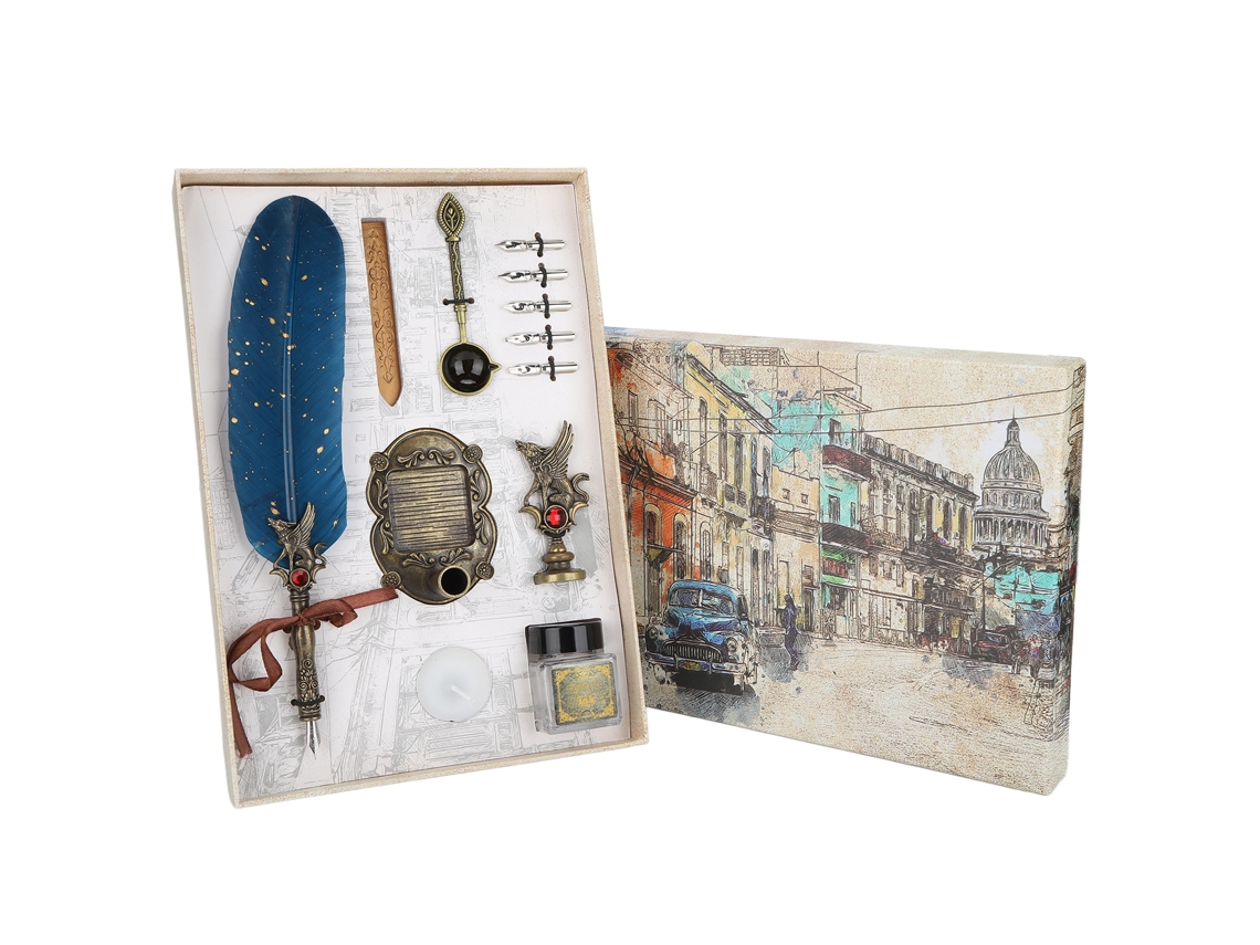 Set Pluma Pluma De Ave Estilo Retro Europeo Para Caligrafía Regalo Azul Marino