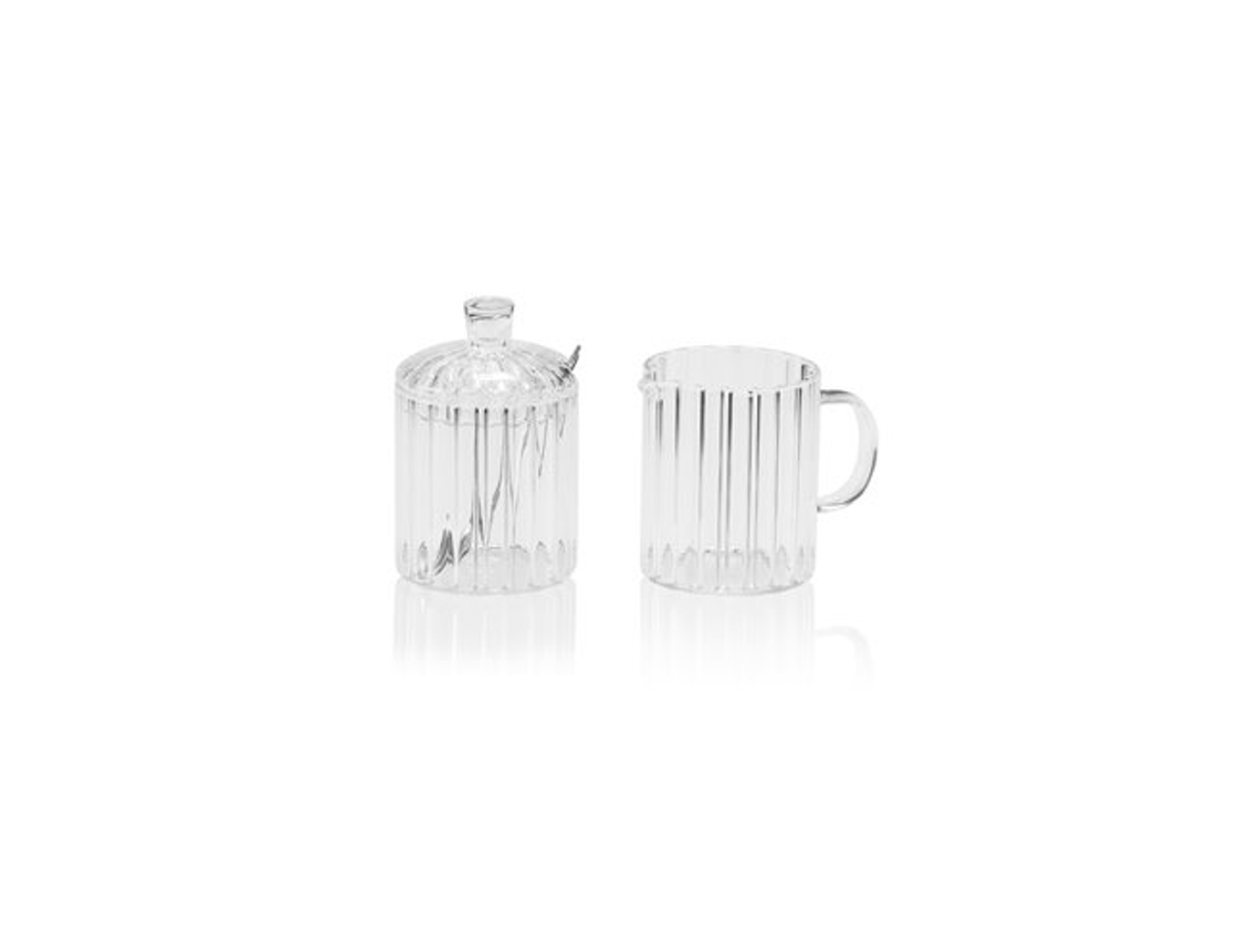 Set De Azucarero Ø7x11,5cm Y Lechera Ø7x10,5cm De 200ml De Capacidad Fabricados En Vidrio (incluye Cuchara De Acero Inoxidable)