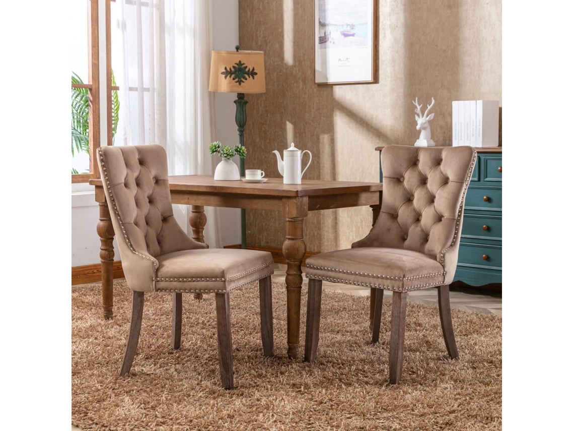 Silla De Comedor 2 Unidades - Terciopelo Acolchado, Patas De Madera, Tachuelas - Khaki
