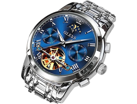 VEANXIN Reloj mecánico automático para Hombre Fase Lunar Hueco Acero Inoxidable 3AT Luminoso Reloj Impermeable para Hombre(azul plateado)