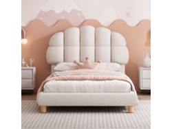 Cama infantil sencilla de 90 x 200 cm tapizada en tejido bouclette. Cabecero en forma de nube con estructura de láminas en MDF blanco.