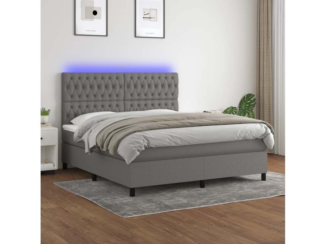 Cama Box Spring Colchón Y Luces Led Tela Gris Oscuro 160x200 Cm